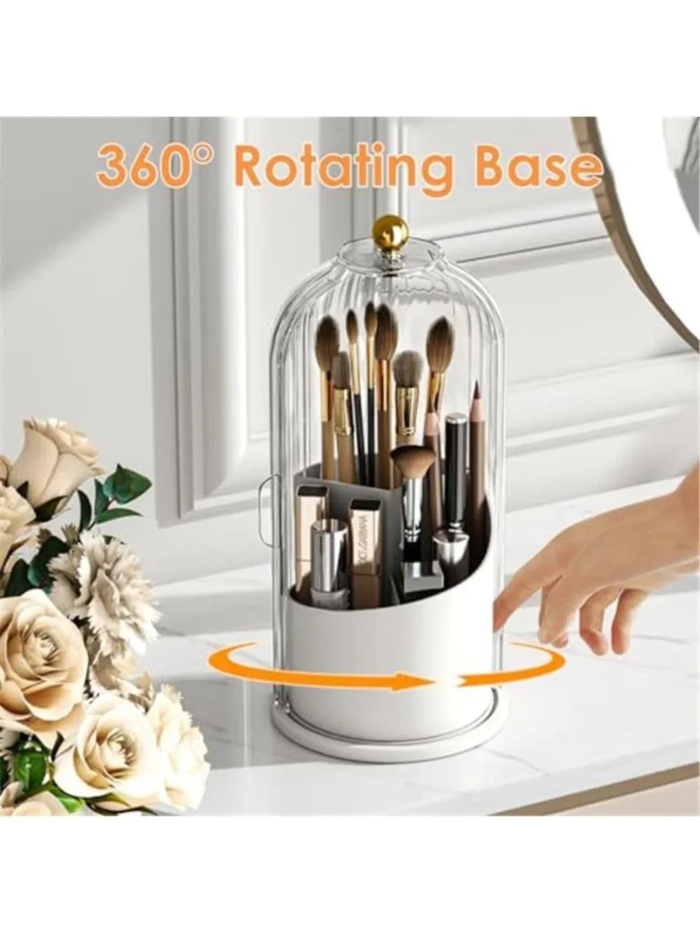 Rotating Makeup Brush Holder With Lid Organizer Dustproof Vanity Storage